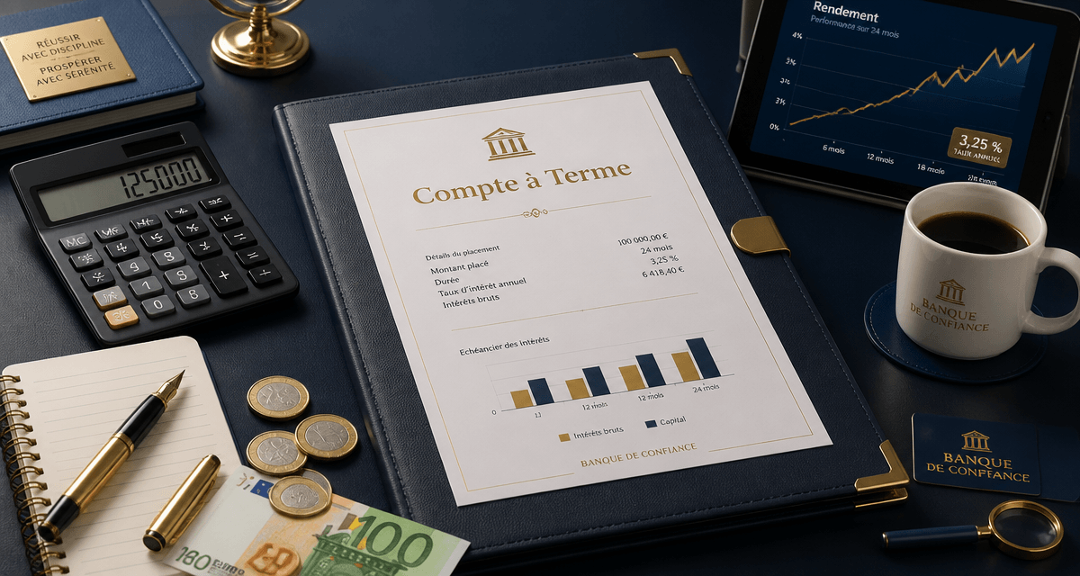 compte à terme pour entreprise sur bureau avec document et calculatrice