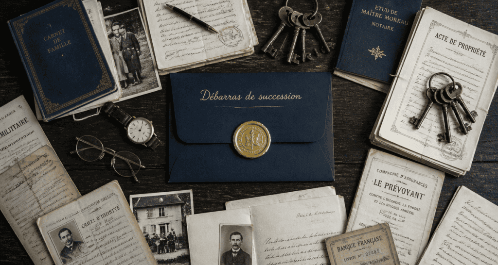 débarras succession table avec documents et objets