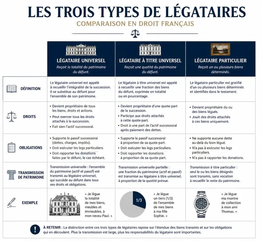 Tableau comparatif des types de légataires en droit des successions : légataire universel, à titre universel et particulier.