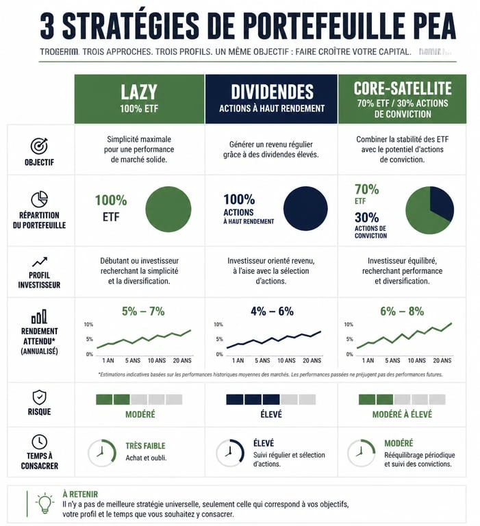 Comparatif des stratégies de portefeuille PEA : Lazy, Dividendes et Core-Satellite