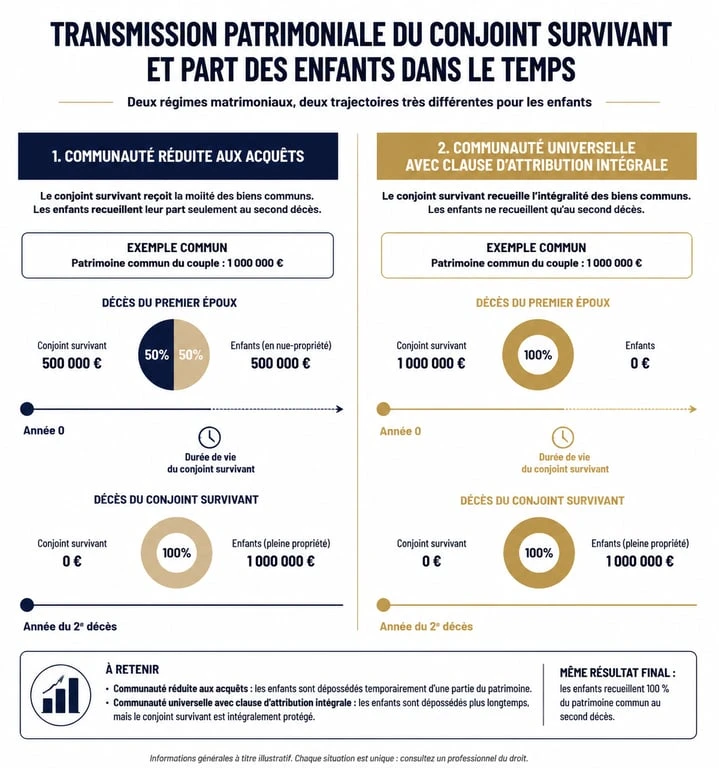 Schéma comparatif de la succession : communauté universelle et réserve héréditaire