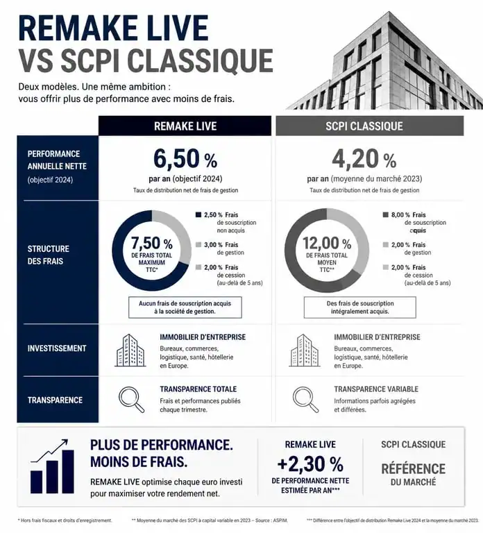 Comparatif des frais et performances de la SCPI Remake Live par rapport au marché