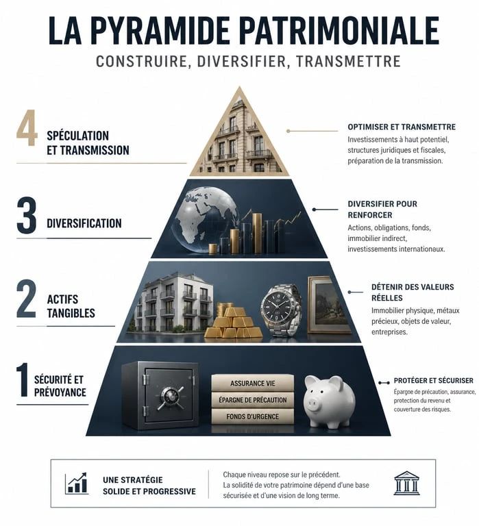 Schéma de la pyramide patrimoniale illustrant les niveaux de gestion du patrimoine