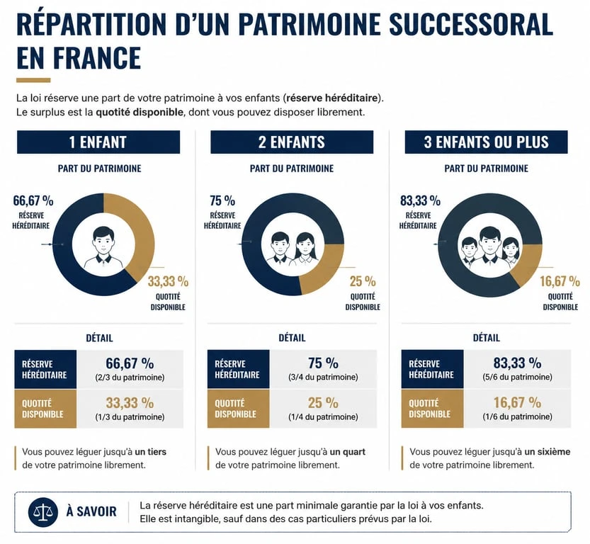 Répartition de la réserve héréditaire et quotité disponible selon le nombre d'enfants en France