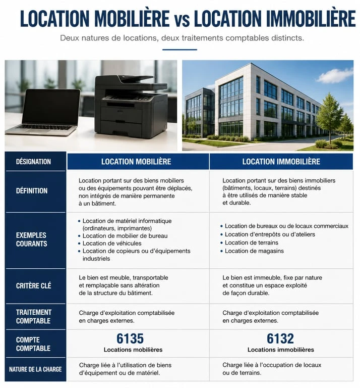 Tableau comparatif entre location mobilière et location immobilière pour la comptabilité