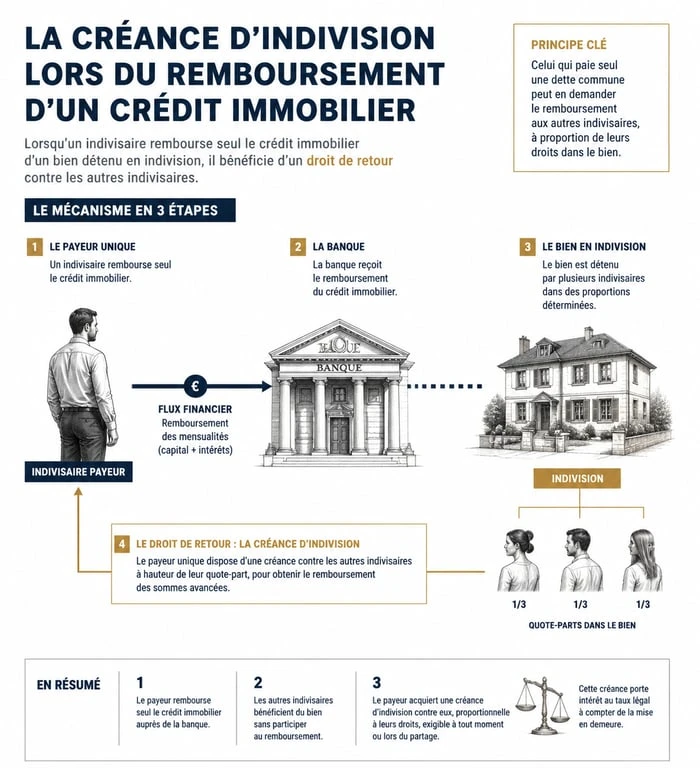 Schéma explicatif du droit à créance d'indivision pour le remboursement seul d'un crédit immobilier