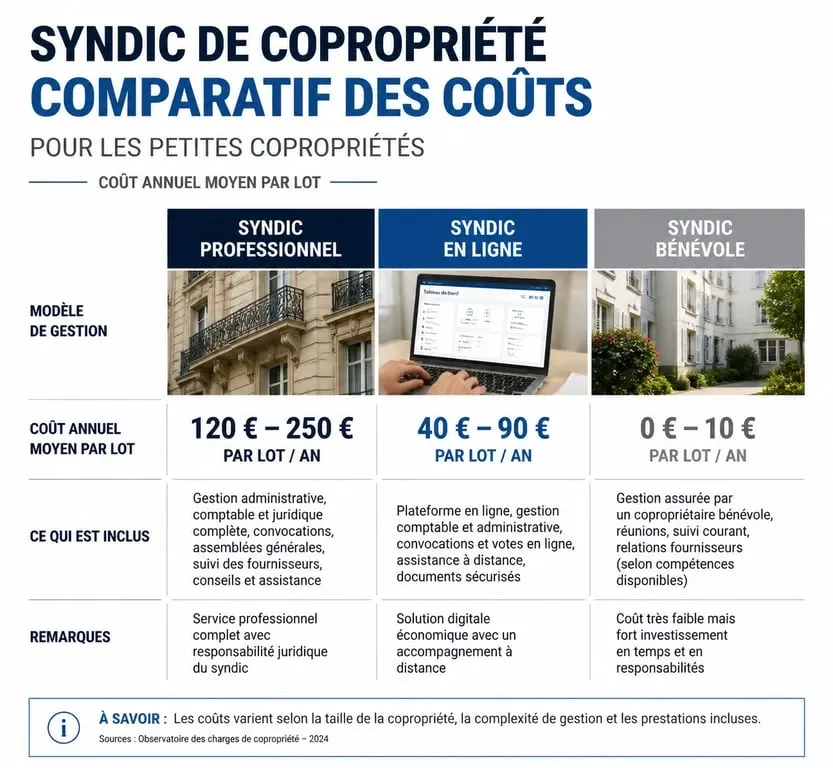 Comparatif des tarifs de syndic pour petite copropriété : professionnel, en ligne et bénévole