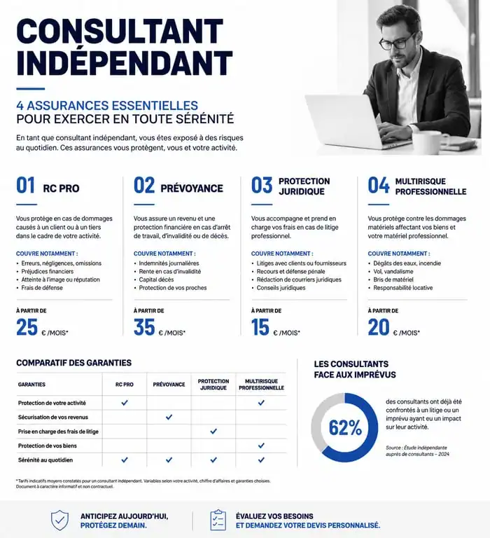 Infographie des assurances indispensables pour consultant indépendant : RC Pro, Prévoyance et Protection Juridique