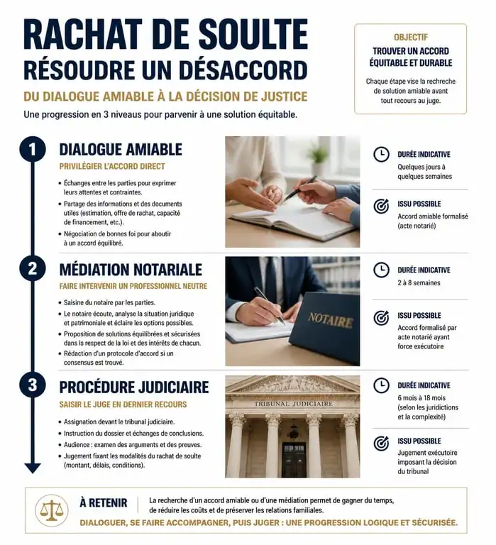 Étapes de résolution d'un désaccord sur le rachat de soulte