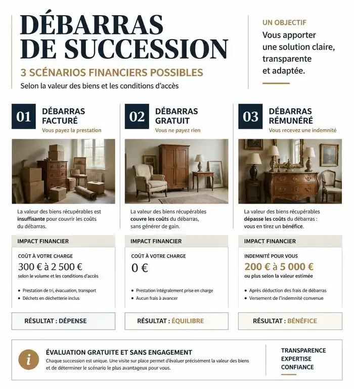 Infographie des trois modèles économiques de débarras de succession : facturé, gratuit ou rémunéré.
