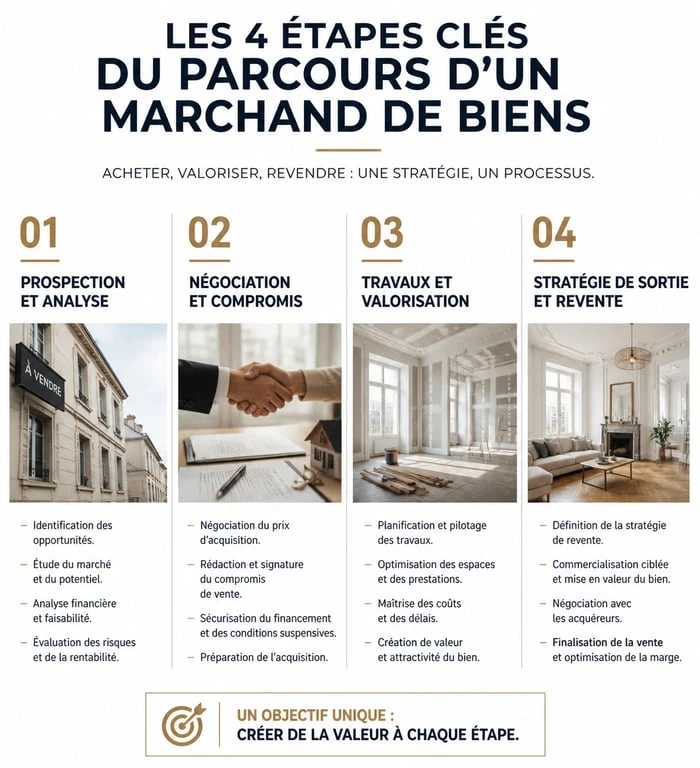 Infographie des étapes pour devenir marchand de biens