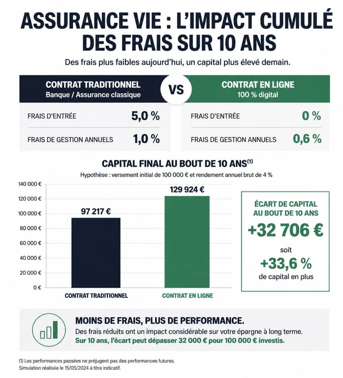 Comparaison de l'impact des frais sur l'épargne entre Prévi Option CMB et un contrat d'assurance vie en ligne