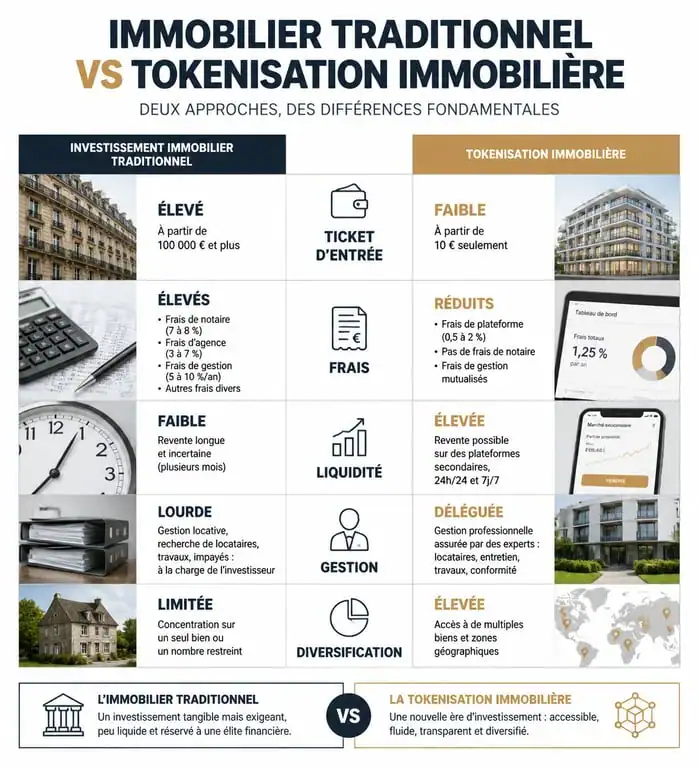 Infographie comparative : Immobilier traditionnel vs Tokenisation immobilière