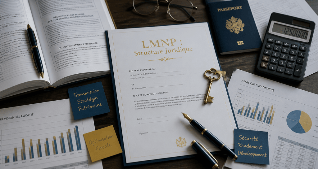 bureau avec dossiers et contrat forme juridique lmnp