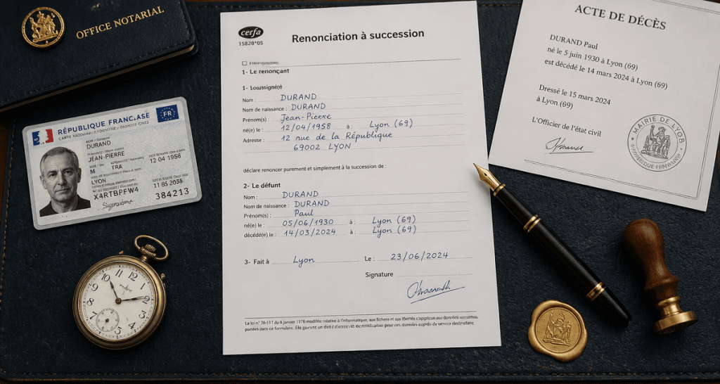 formulaire renonciation à succession Cerfa 15828 05 sur bureau