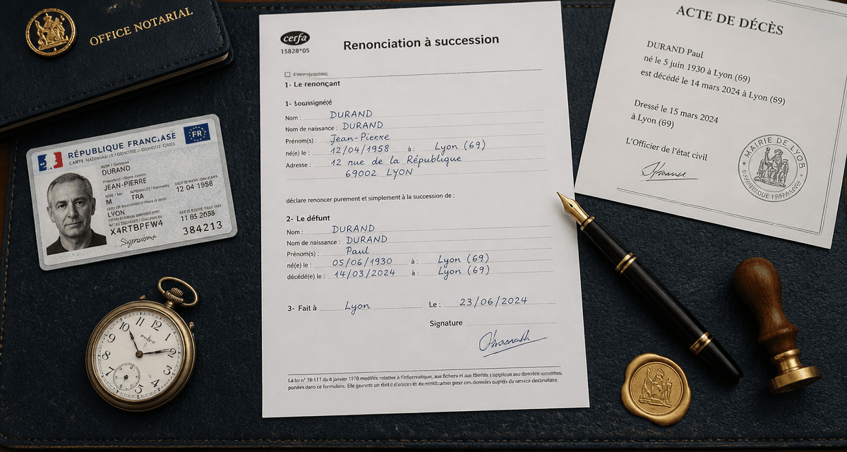 formulaire renonciation à succession Cerfa 15828 05 sur bureau