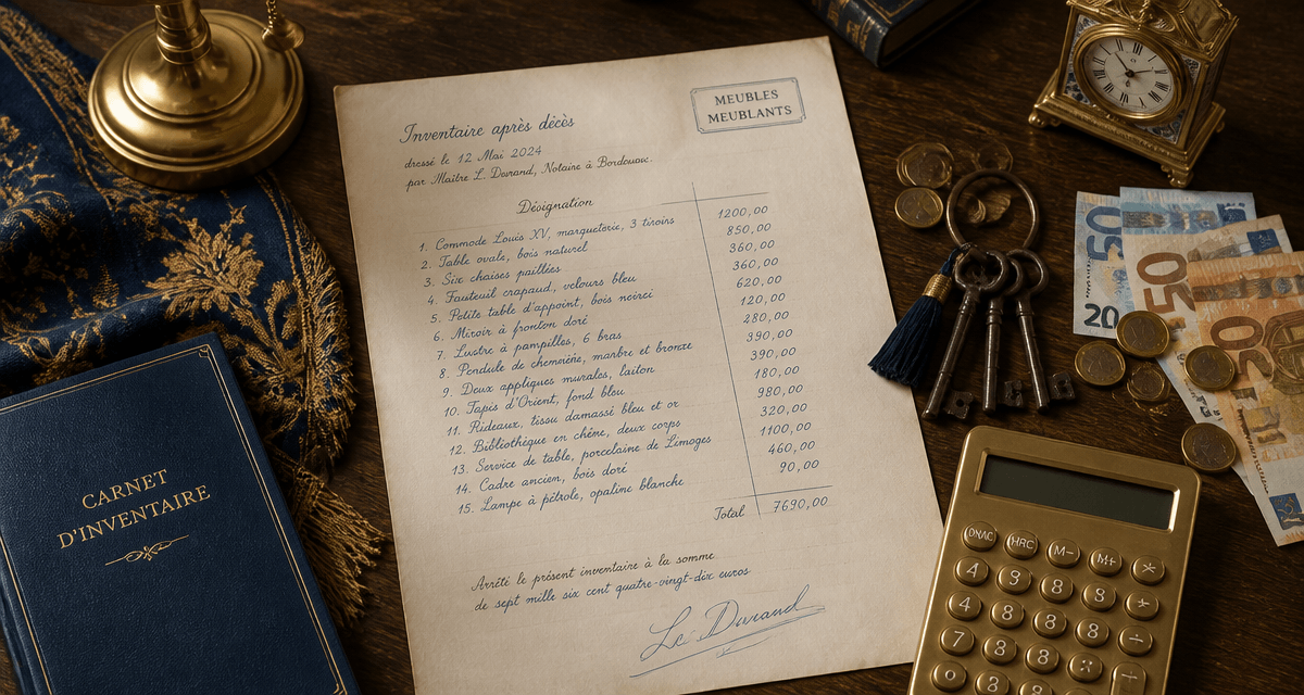 liste des meubles meublants succession sur table avec inventaire et objets