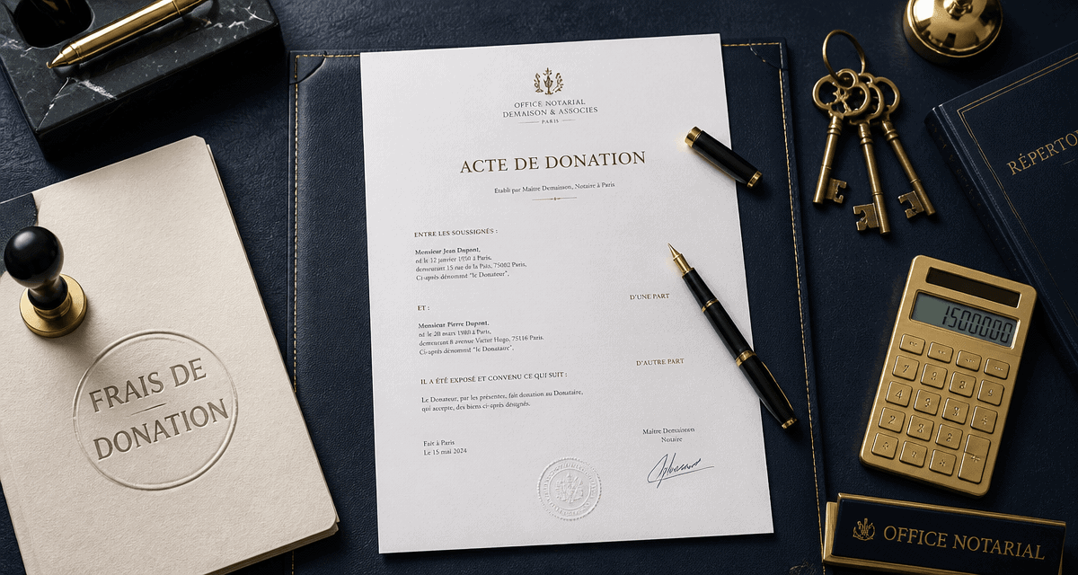 notaire donation frais sur bureau élégant avec acte et calculatrice