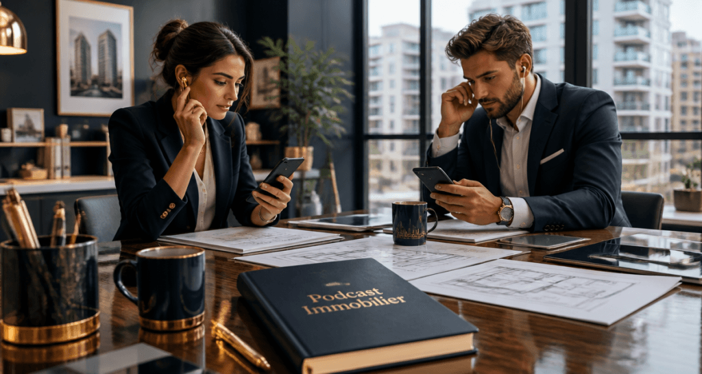 Podcast immobilier écouté en open-space moderne