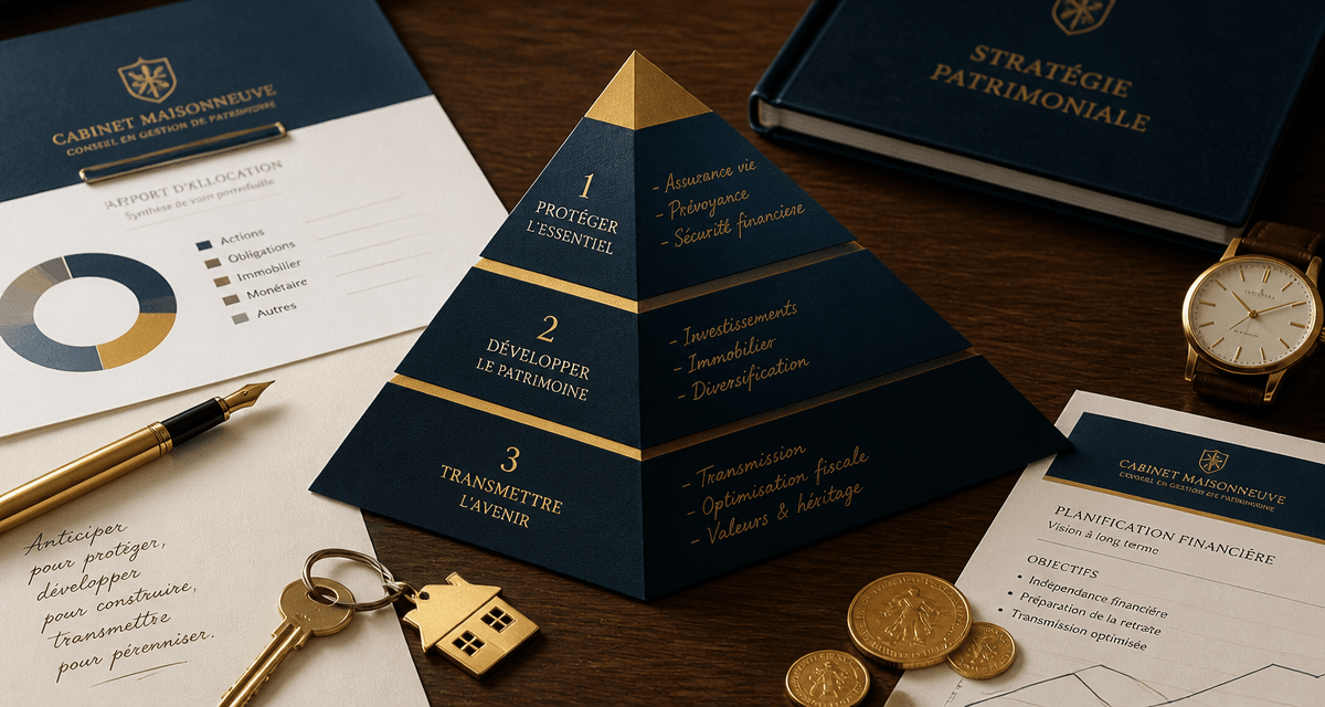 pyramide patrimoniale en papier sur bureau financier