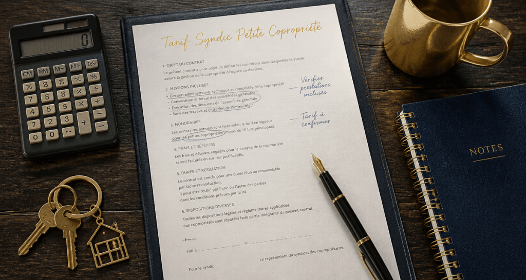 tarif syndic petite copropriété, contrat et clés sur bureau