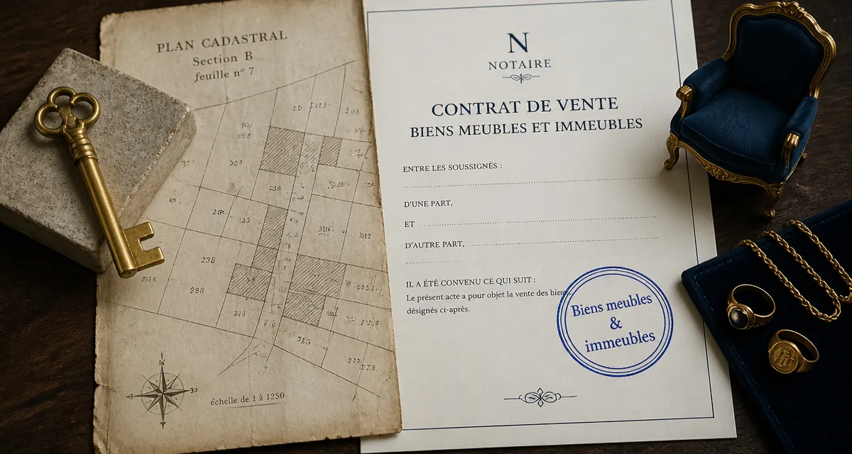 bien mobilier ou immobilier, plan cadastral, contrat notarié, objets