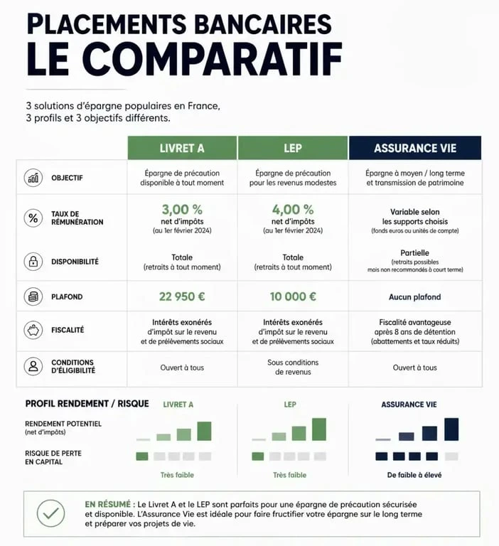 Infographie comparative des meilleurs placements bancaires pour placer son argent en France