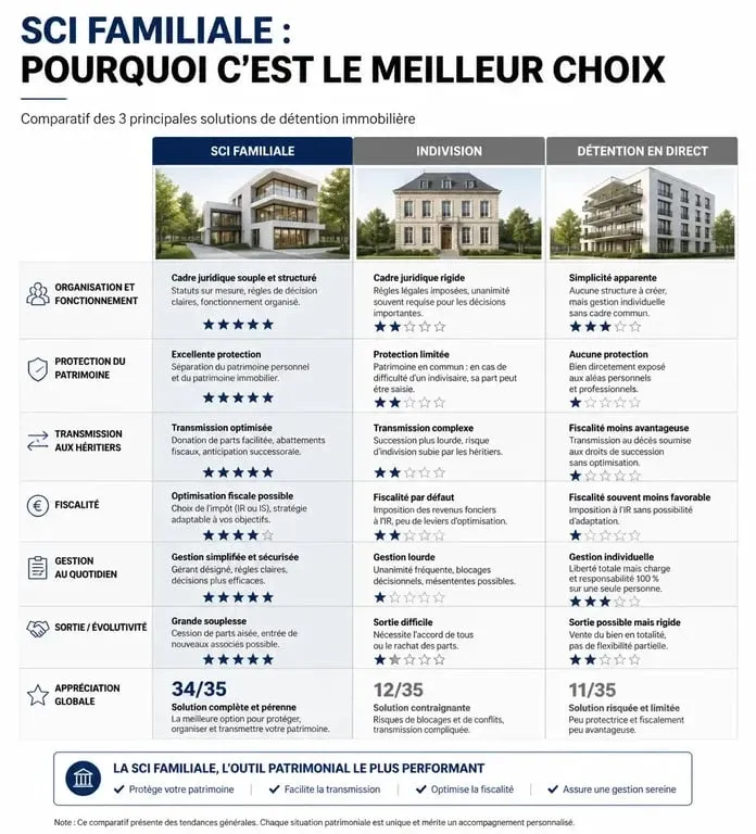 Infographie comparative : SCI familiale vs Indivision et détention en direct pour la gestion de patrimoine