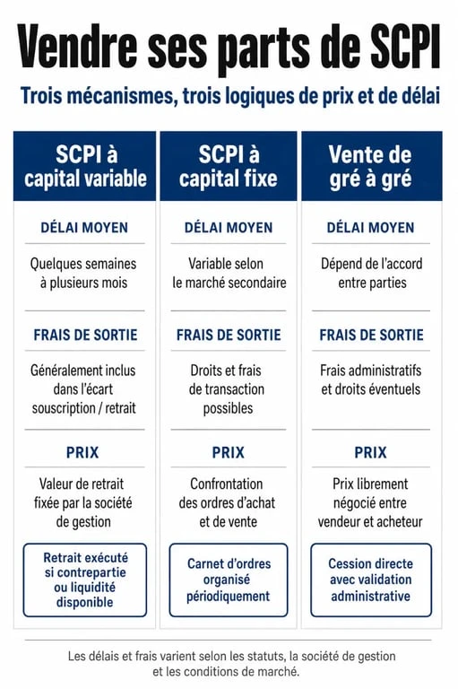 Infographie comparative des délais et frais pour vendre ses parts de SCPI