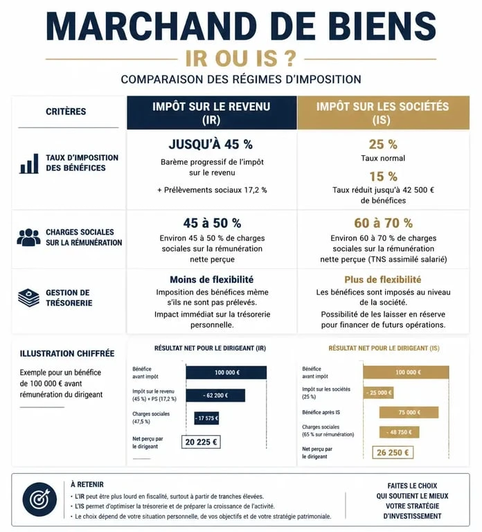 Infographie comparative fiscalité marchand de biens IR vs IS