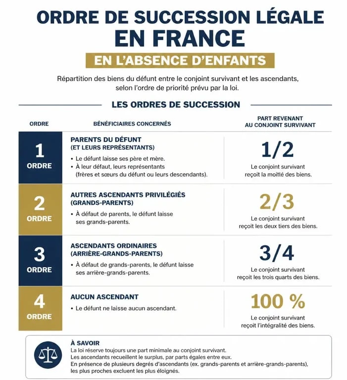 Schéma de l'ordre de succession légale en France sans enfant pour comprendre la répartition des biens.