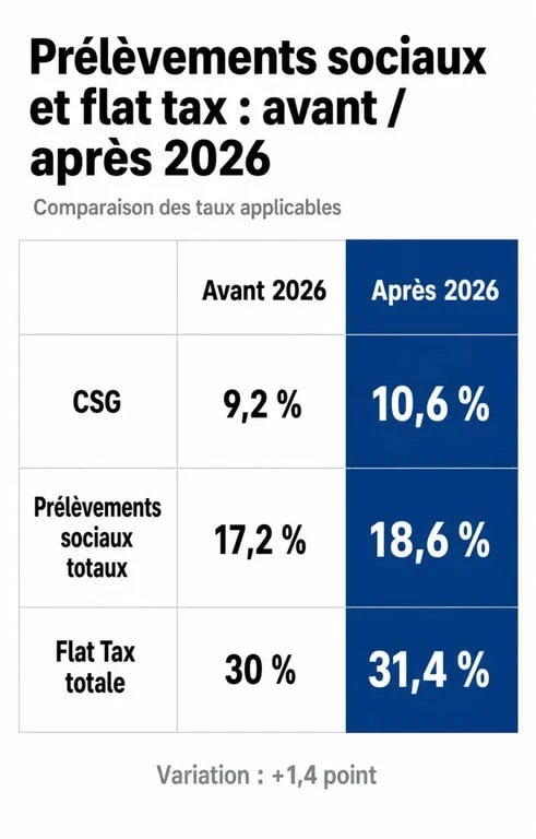 Tableau comparatif de la hausse de la CSG et de son impact sur la flat tax et l'épargne en 2026