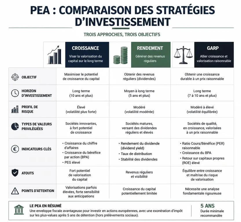 Infographie comparative des stratégies d'investissement pour la meilleure action PEA