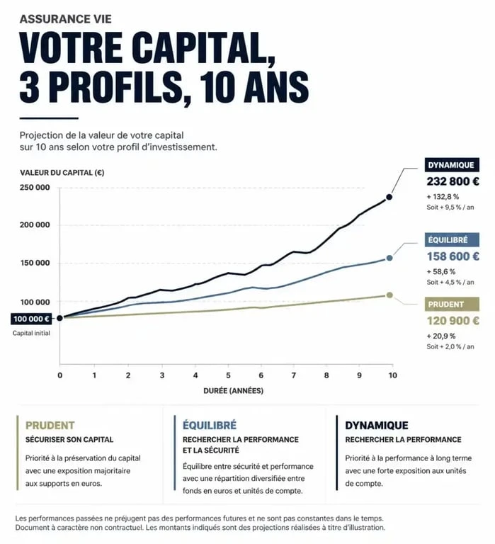 Graphique comparatif du rendement d'une assurance vie selon le profil d'investissement : prudent, équilibré et dynamique.