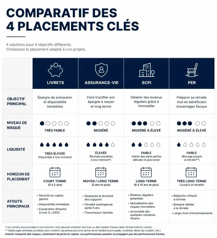 Infographie comparative des meilleurs placements pour un senior : Livrets, Assurance-vie, SCPI et PER selon le risque et le rendement.