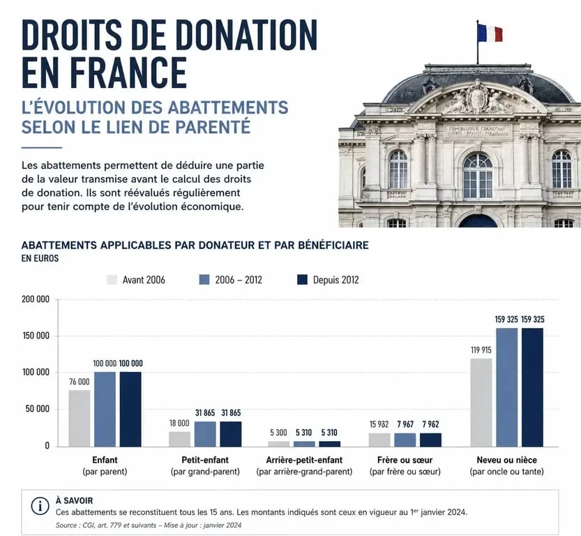 Infographie sur les frais de donation et les abattements fiscaux en France