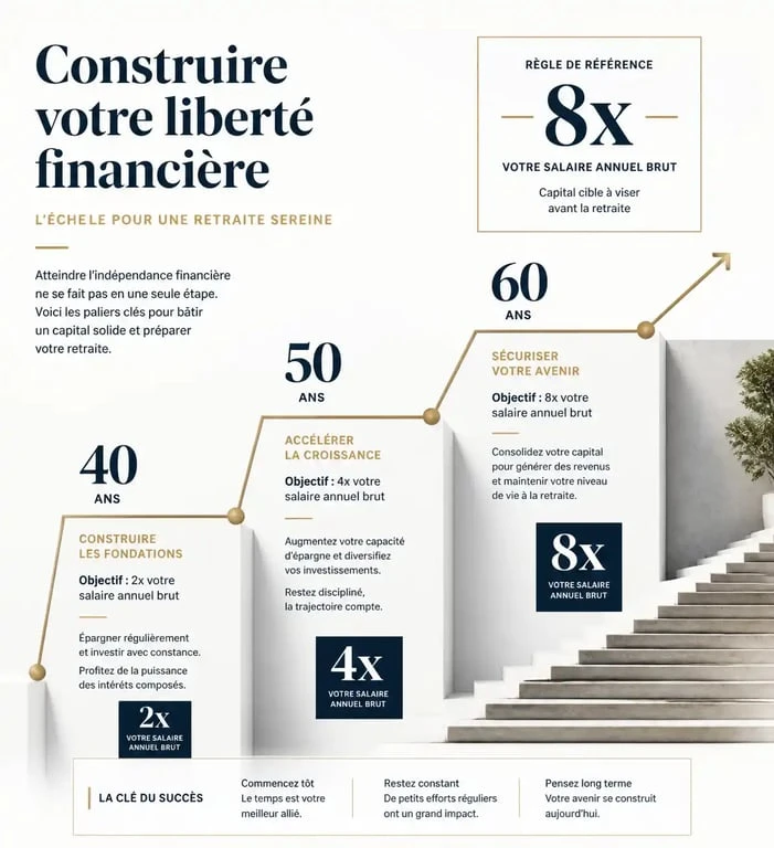Infographie illustrant le montant d'épargne recommandé à 60 ans selon le salaire annuel