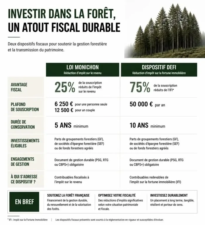 Infographie des avantages fiscaux pour investir dans la forêt en France : loi Monichon et DEFI