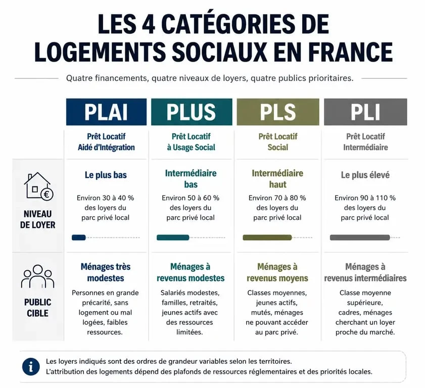 Infographie comparative des catégories de logement social : PLAI, PLUS, PLS et PLI pour comprendre les critères d'éligibilité.