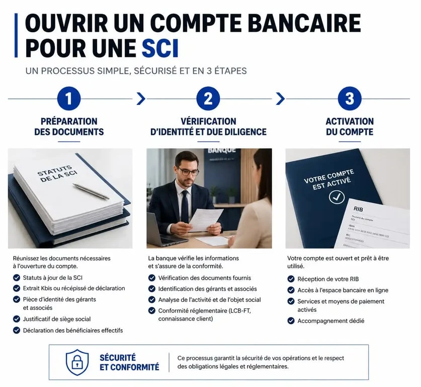 Infographie des étapes pour ouvrir un compte bancaire pour SCI