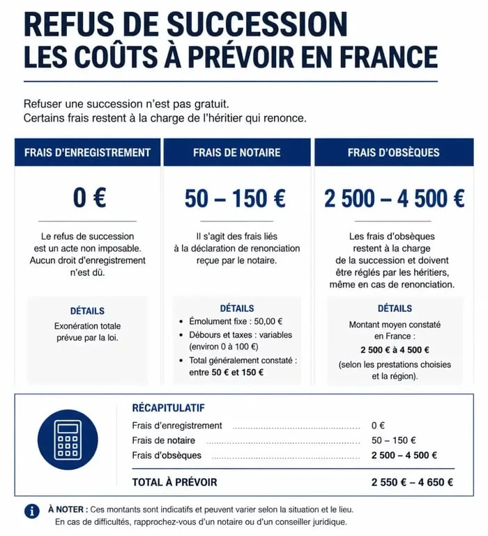 Infographie récapitulative des coûts d'un refus de succession en France : frais de notaire, obsèques et enregistrement.