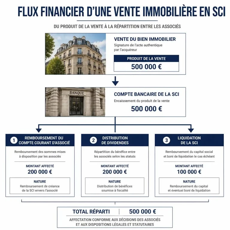 Schéma des étapes pour récupérer l'argent de la vente d'un bien en SCI