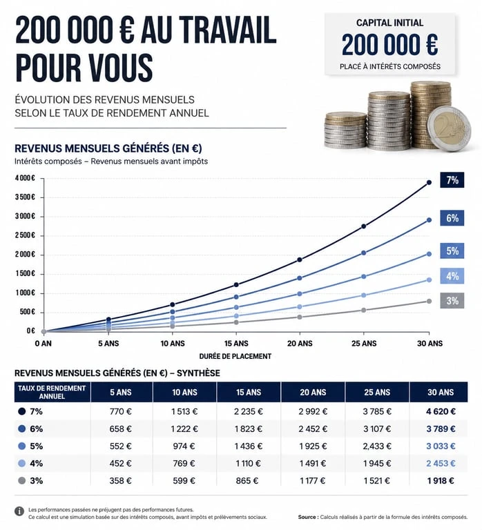 Graphique illustrant combien rapporte 200 000 euros placés par mois selon le taux de rendement annuel