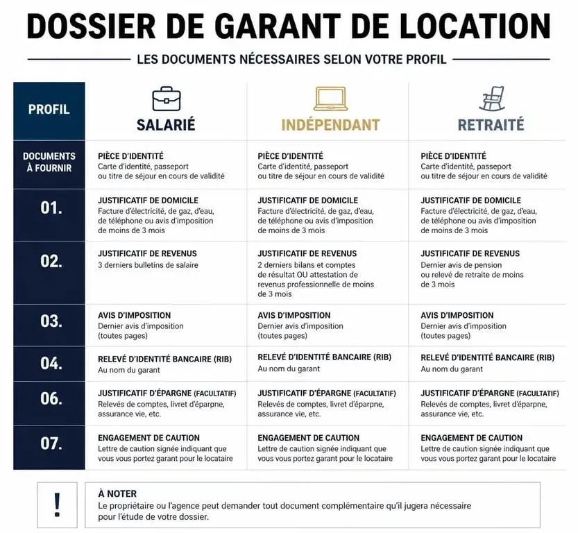 Infographie des documents obligatoires pour un dossier de garant de location