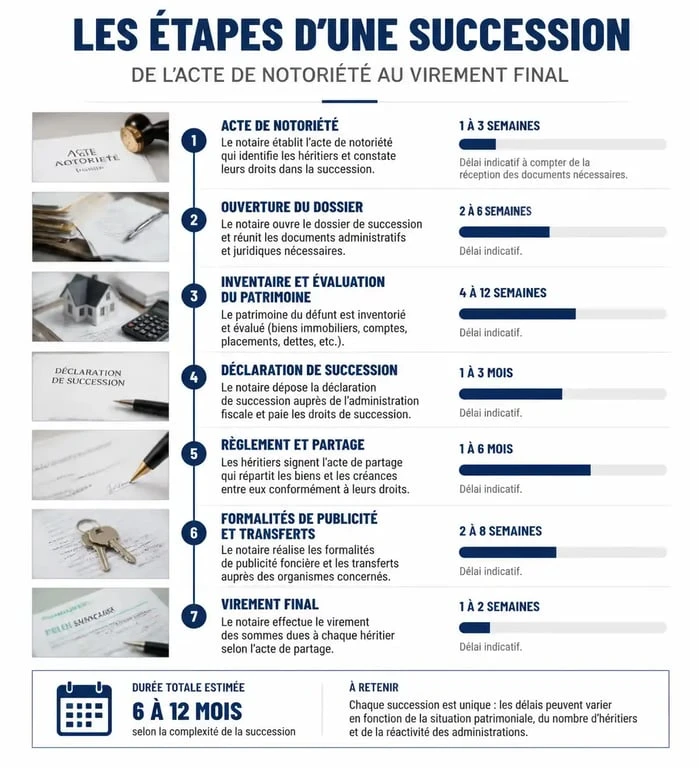Infographie des délais de virement de succession par le notaire