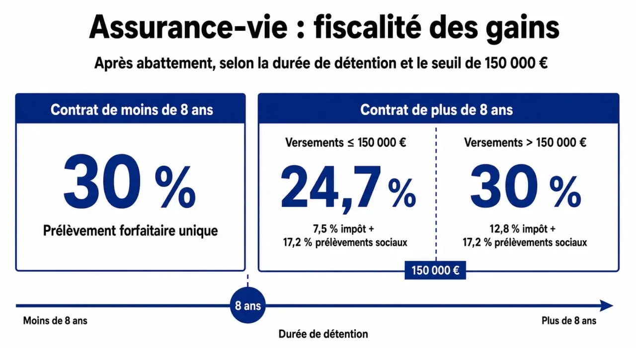 Infographie des taux de la flat tax sur l'assurance vie selon la durée et les versements