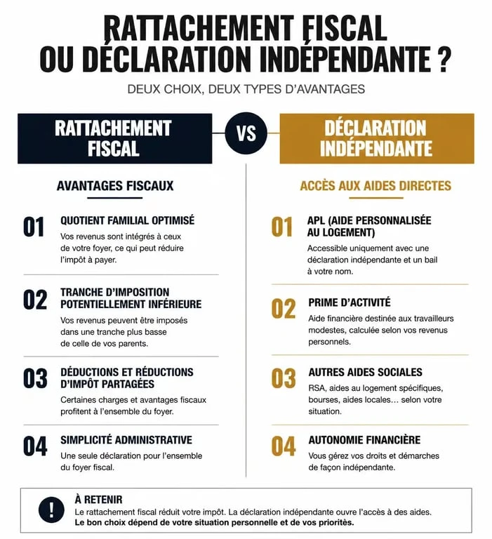 Infographie comparative : rattachement fiscal ou déclaration indépendante pour l'APL étudiant