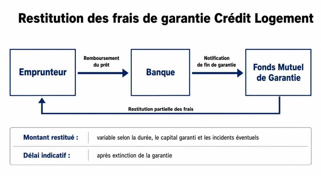 Schéma du processus de remboursement des frais de garantie Crédit Logement après un prêt immobilier