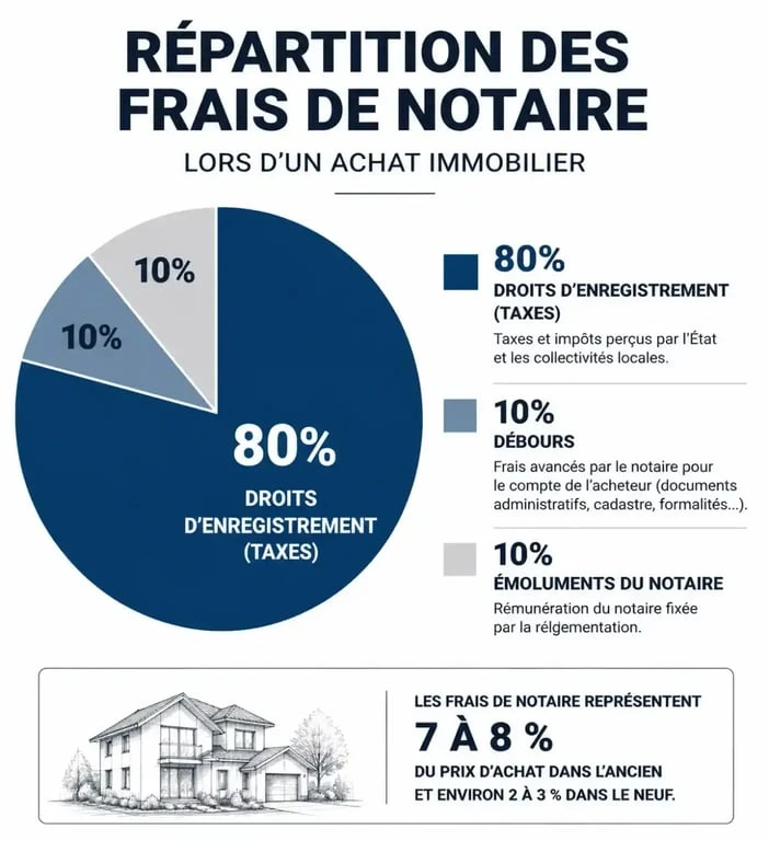 Répartition des frais de notaire lors d'un achat immobilier : taxes, débours et émoluments