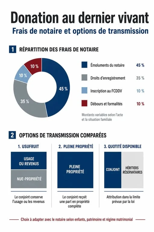 Infographie récapitulative des frais et des options de la donation au dernier vivant